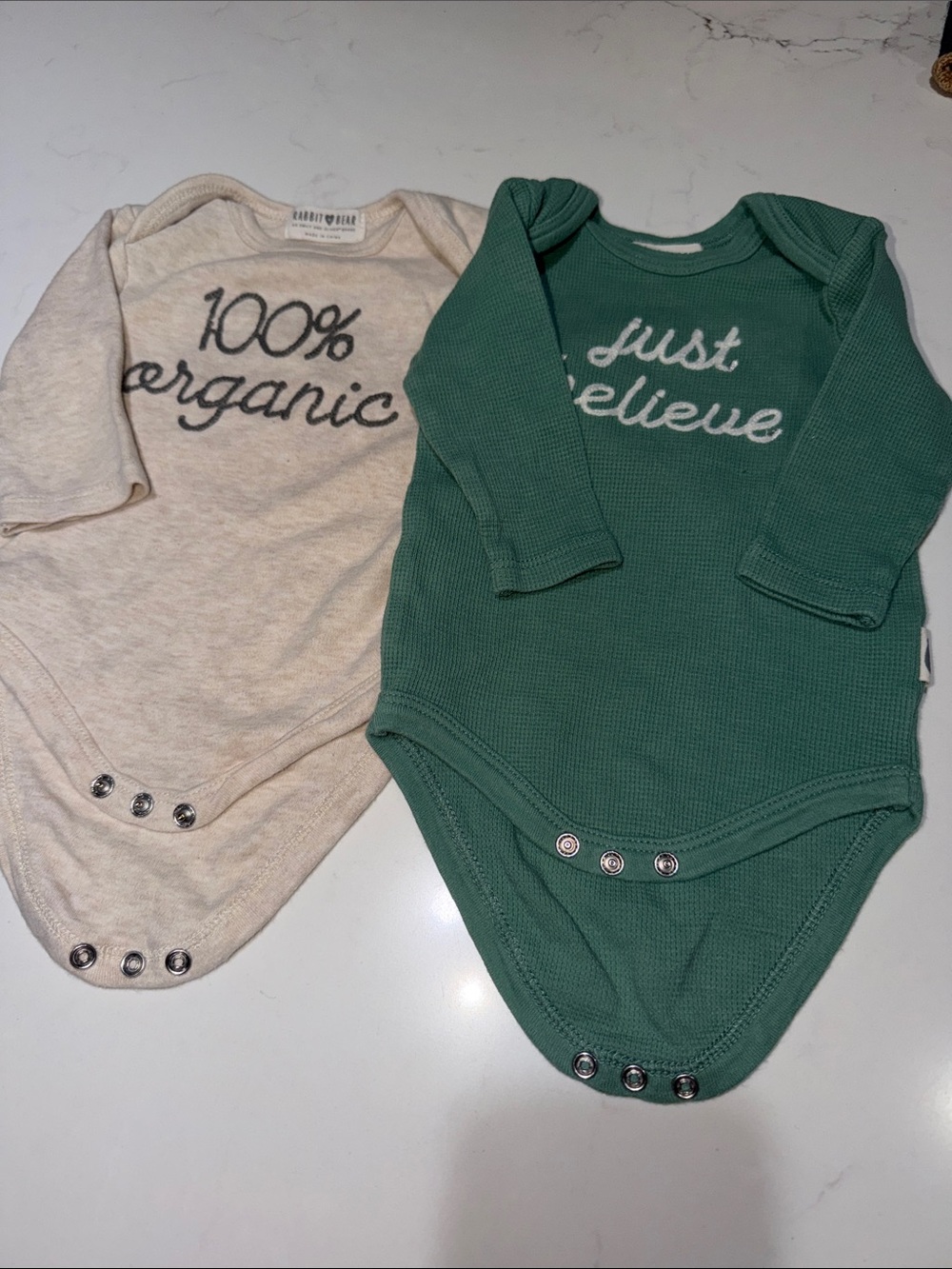 Two organic cotton Rabbit & Bear onesies 0-3 months